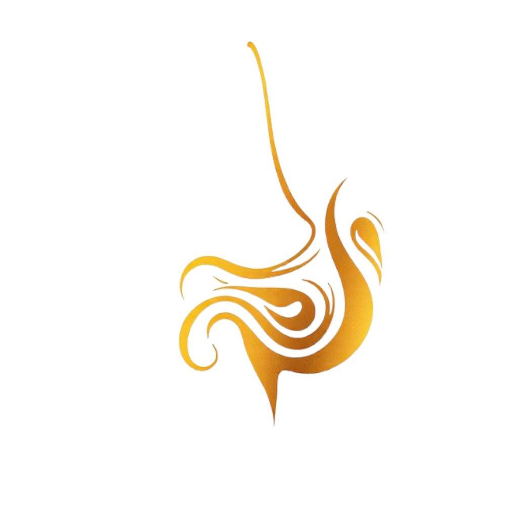 Goldenes, stilisiertes Logo mit fließenden Linien für Nahrungsergänzungsmittel