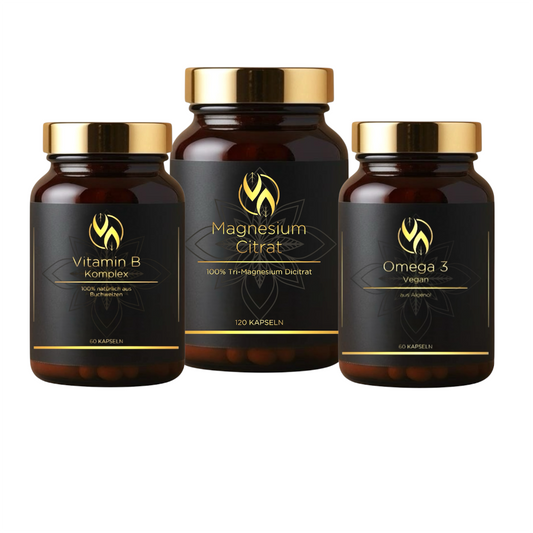 Magnesiumcitrat  Omega3 Vitamin B im braunem Glas mit goldenem Deckel