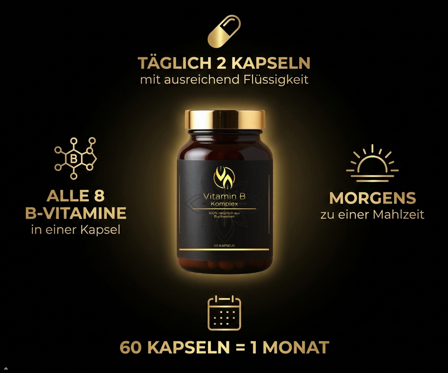 Vitamin B Komplex Kapseln mit allen 8 B-Vitaminen, tägliche Einnahme morgens, 60 Kapseln für 1 Monat