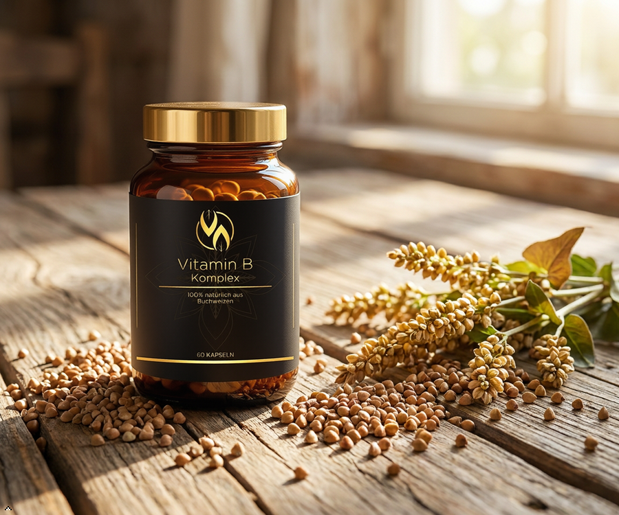 Vitamin B Komplex Kapseln aus Buchweizen, natürlich & hochwertig, auf Holztisch mit Getreide