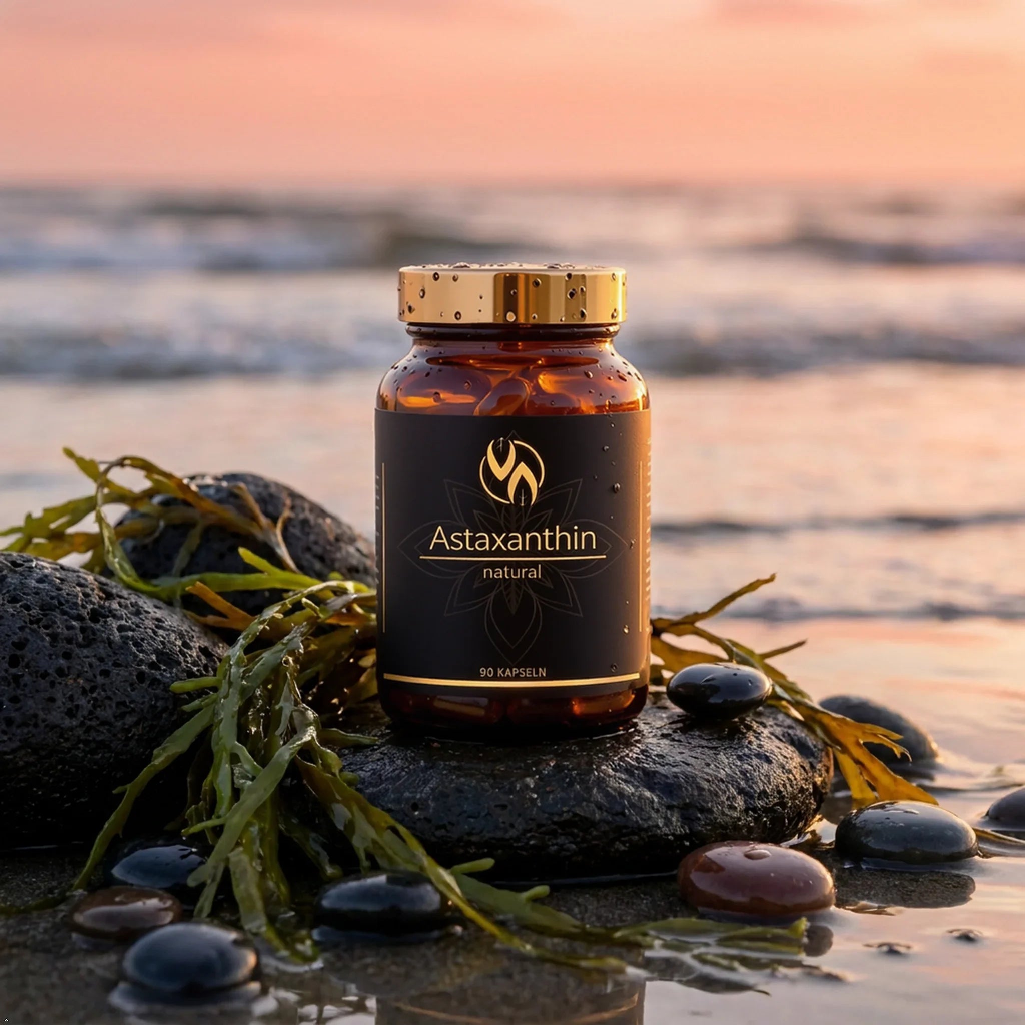 Natürliches Astaxanthin in Kapseln am Strand mit Algen und Steinen bei Sonnenuntergang