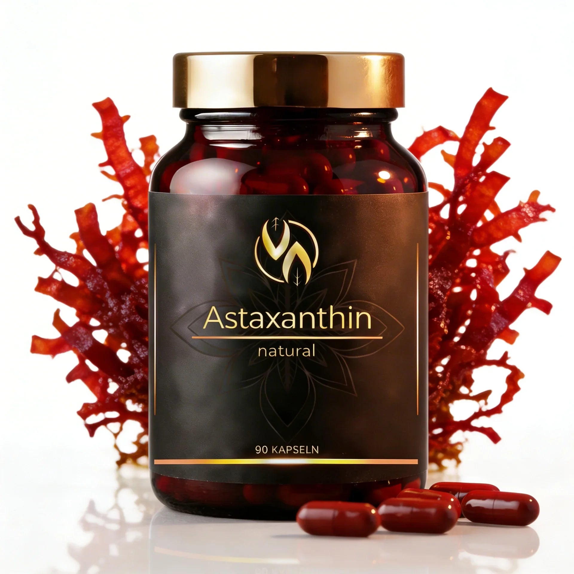 Astaxanthin natural Kapseln, 90 Stück, mit roten Algen im Hintergrund – hochwertiges Nahrungsergänzungsmittel