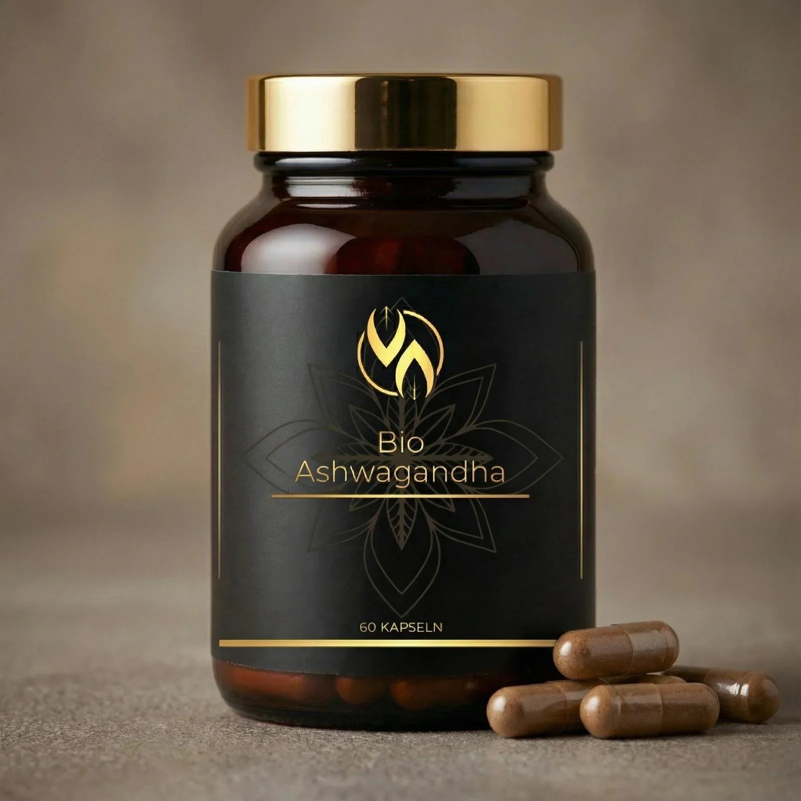 Bio Ashwagandha Kapseln in brauner Glasflasche mit goldener Kappe, 60 Stück