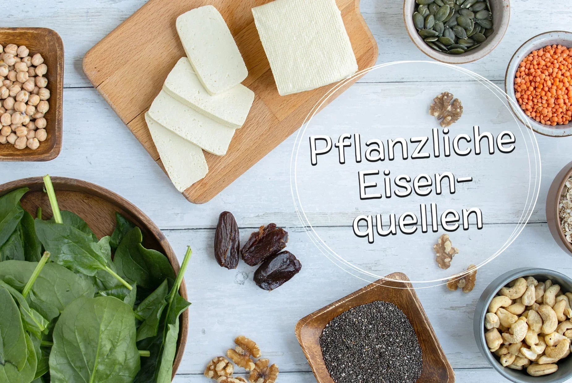Pflanzliche Eisenquellen: Spinat, Tofu, Nüsse, Kürbiskerne & Linsen für gesunde Ernährung