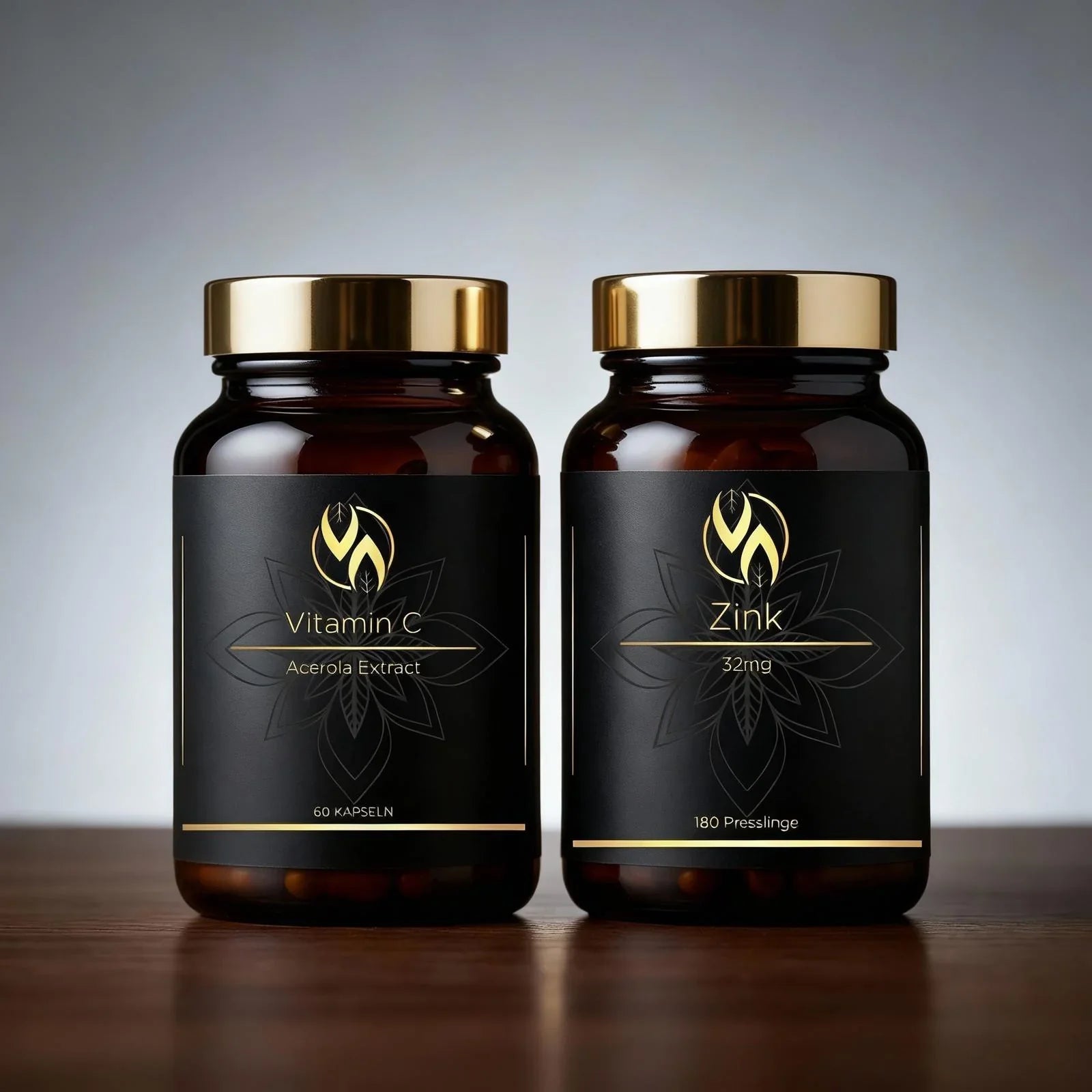 Vitamin C mit Acerola-Extrakt und Zink 32mg – hochwertige Nahrungsergänzungsmittel in eleganten Flaschen