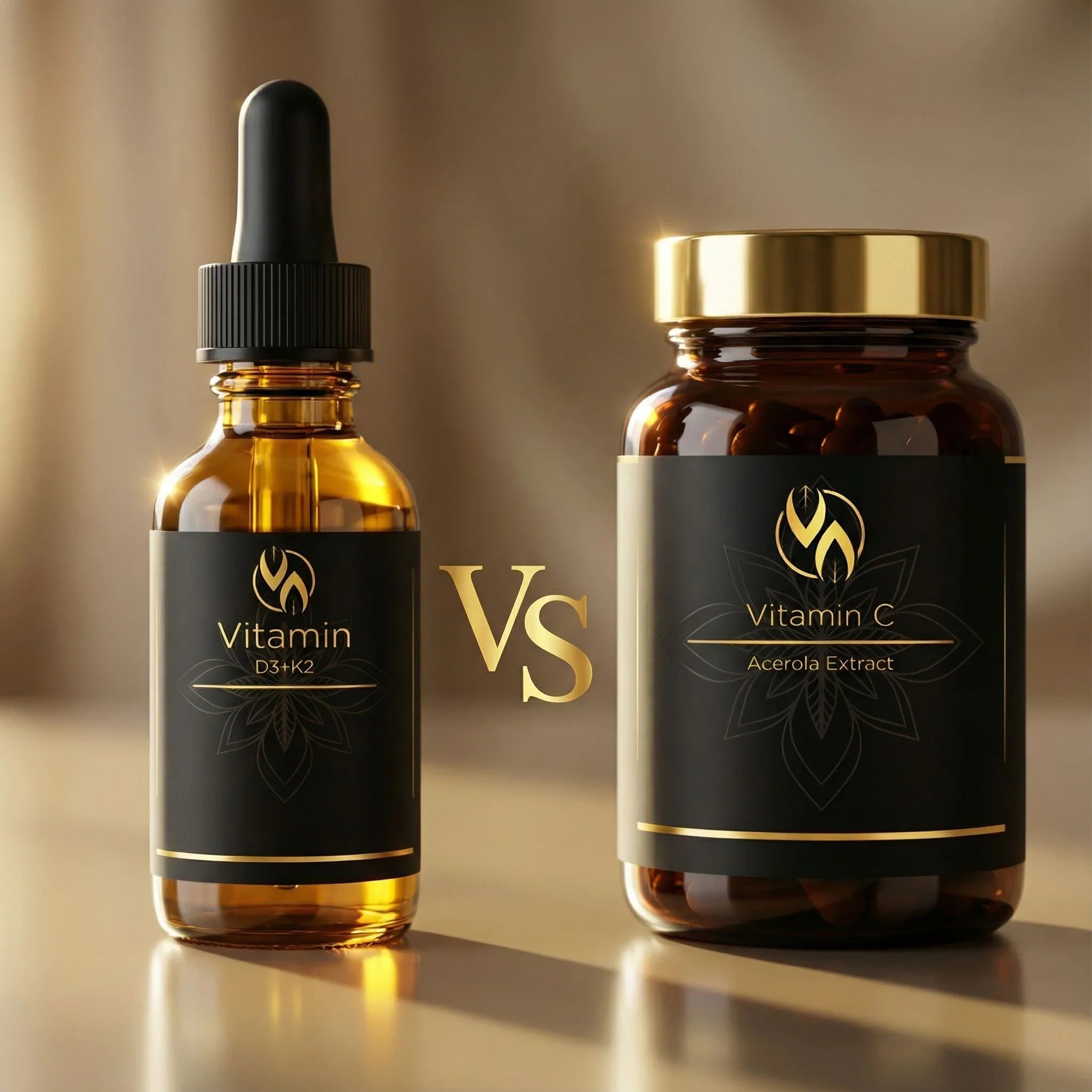Vitamin D3+K2 Tropfen vs. Vitamin C Acerola Extrakt Kapseln – hochwertige Nahrungsergänzung