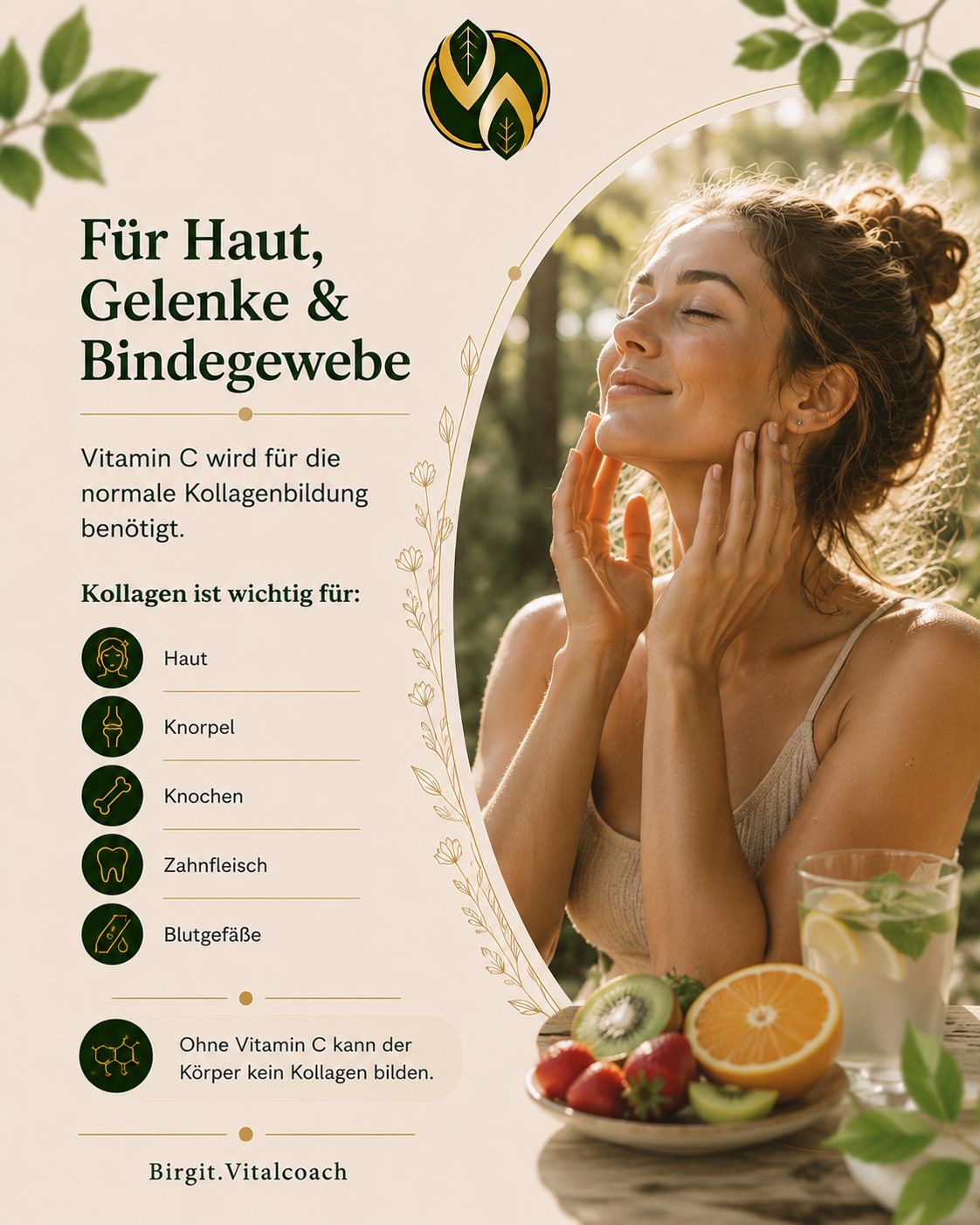 Frau mit gesunder Haut & Vitamin C für Kollagen, Gelenke & Bindegewebe – natürliche Nahrungsergänzung