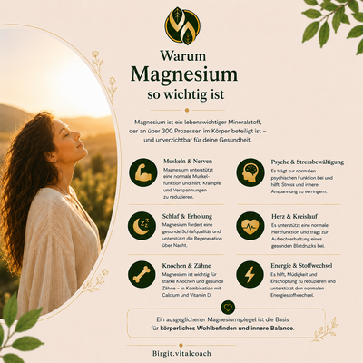 Magnesium-Infografik: Gesundheitliche Vorteile für Muskeln, Schlaf, Herz & Energie – Vital Aurea