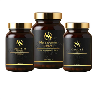 Magnesiumcitrat  Omega3 Vitamin B im braunem Glas mit goldenem Deckel