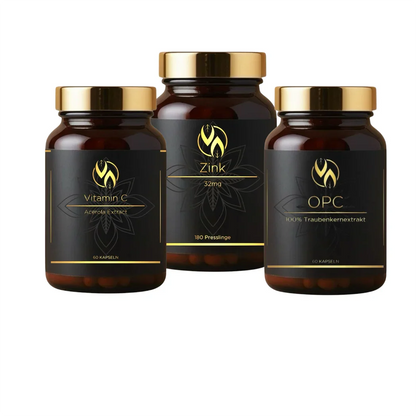 Zink Vitamin C OPC im braunem Glas mit goldenem Deckel