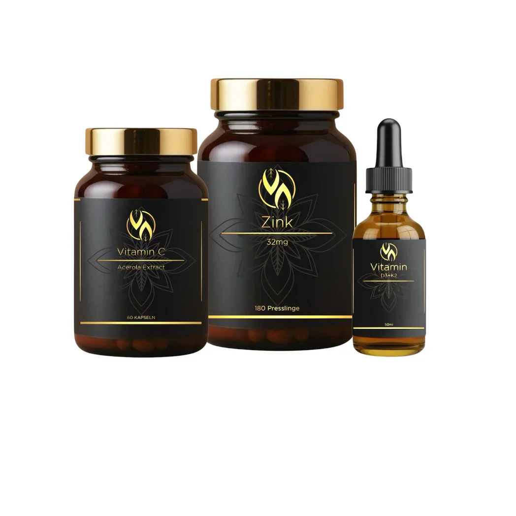 Zink Vitamin C Vitamin D3K2 im braunem Glas mit goldenem Deckel