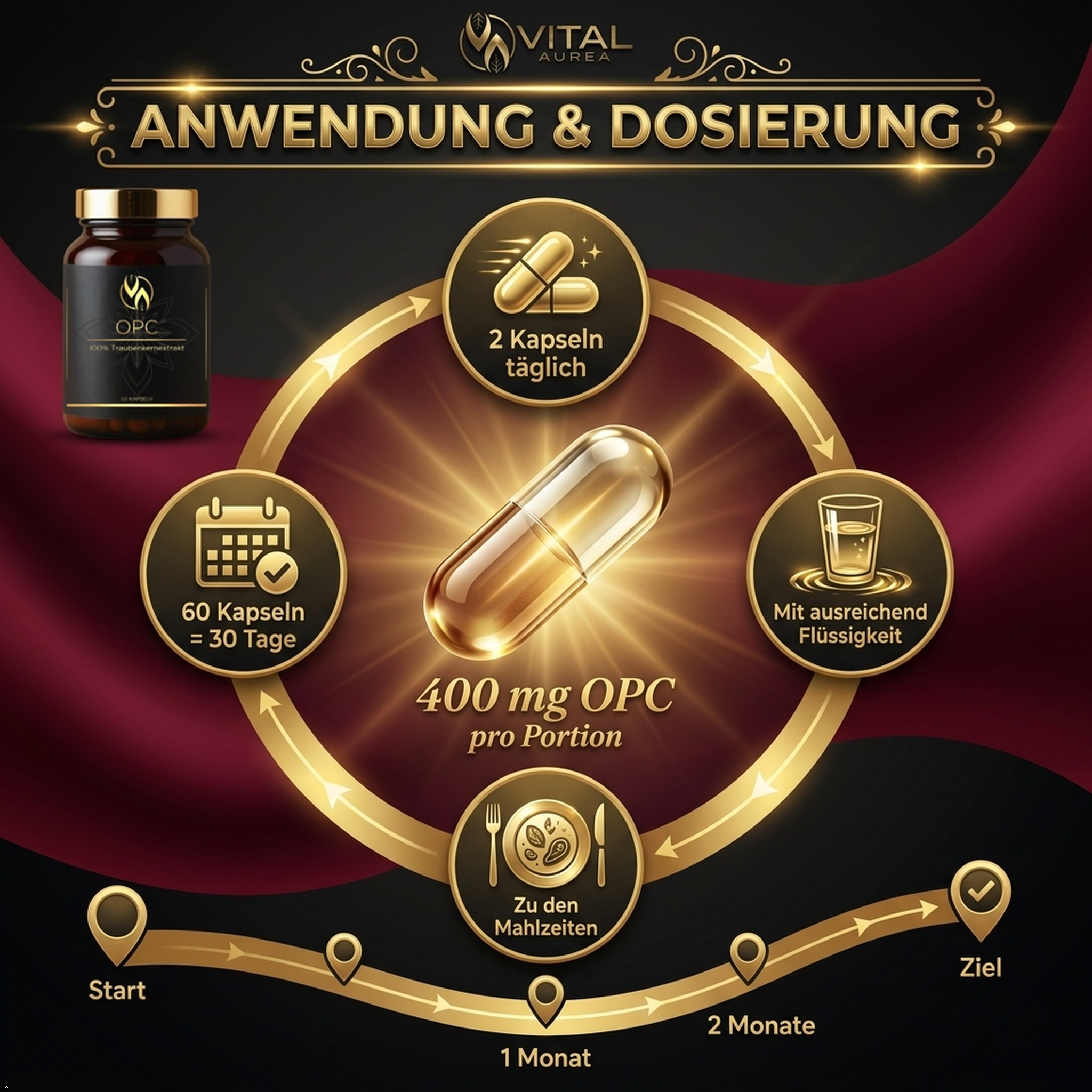 Anwendung & Dosierung: 2 Kapseln täglich, 400 mg OPC pro Portion, zu den Mahlzeiten mit Flüssigkeit