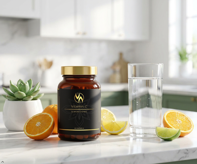 Vitamin C Kapseln mit Acerola-Extrakt, Zitrusfrüchten und Wasser auf Küchenarbeitsplatte