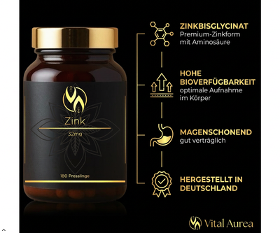 Zink 32mg Presslinge mit Zinkbisglycinat, hochbioverfügbar, magenschonend, hergestellt in Deutschland