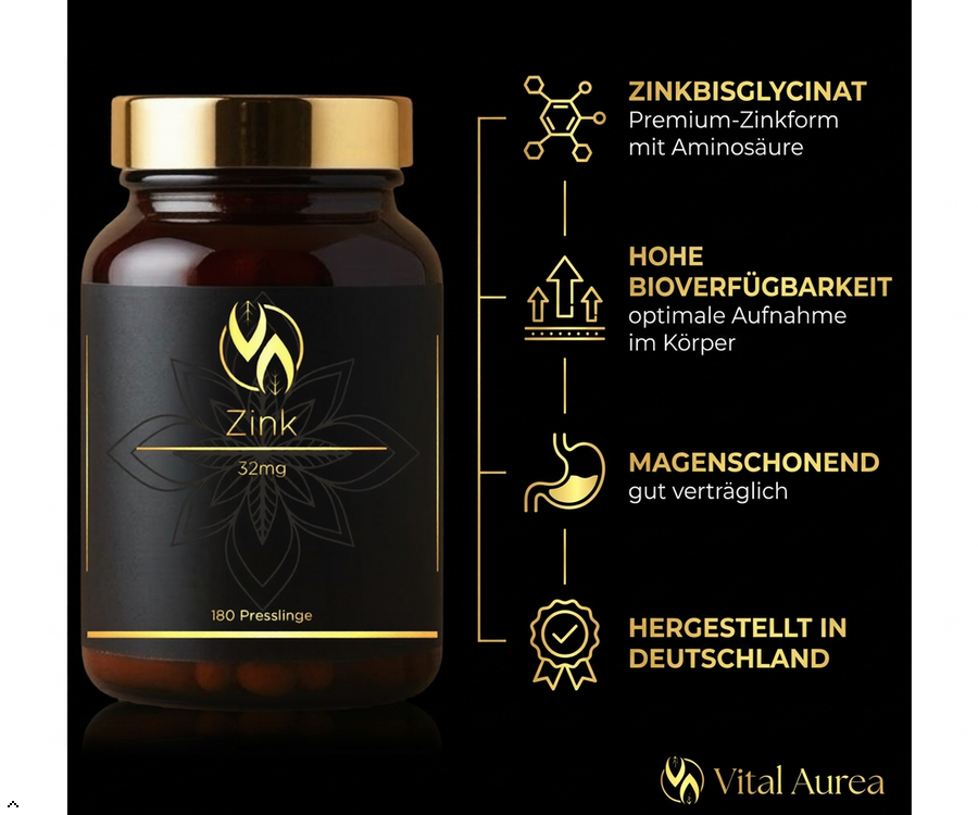 Zink 32mg Presslinge mit Zinkbisglycinat, hochbioverfügbar, magenschonend, hergestellt in Deutschland