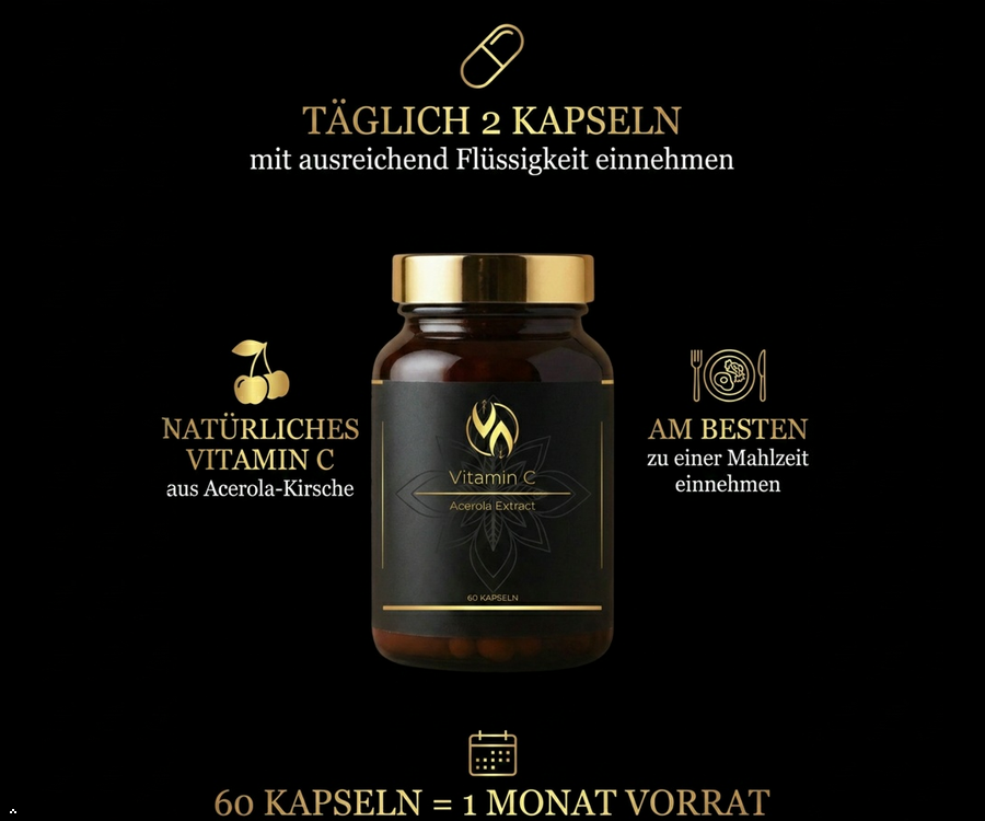 Vitamin C Kapseln aus Acerola-Extrakt, tägliche Einnahme mit Mahlzeit, 60 Kapseln für 1 Monat