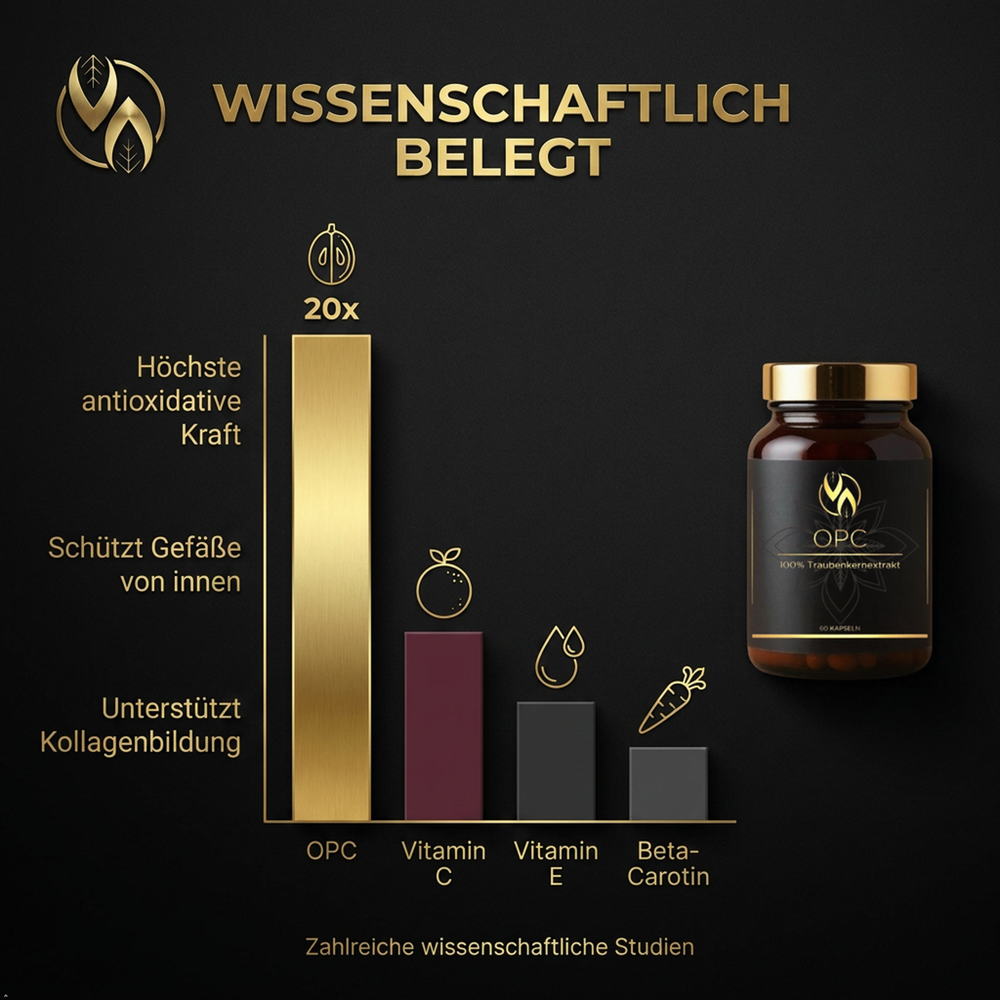 OPC Traubenkernextrakt Kapseln mit hoher antioxidativer Kraft, verglichen mit Vitamin C, E und Beta-Carotin