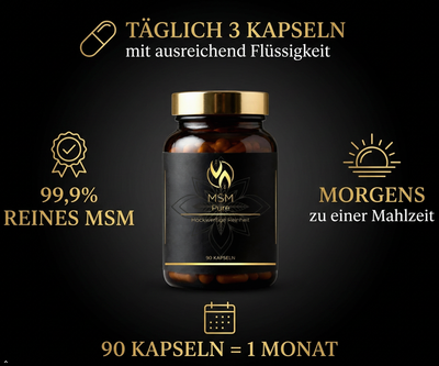 MSM Pure Kapseln – 99,9% reines MSM, 90 Kapseln für 1 Monat, täglich 3 Kapseln morgens