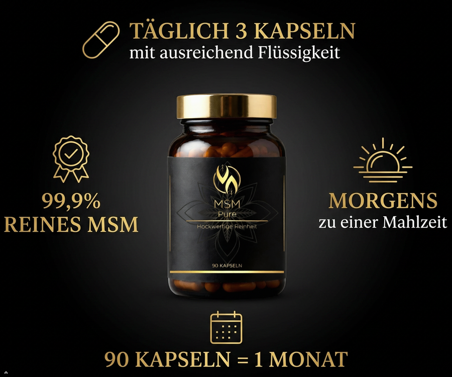 MSM Pure Kapseln – 99,9% reines MSM, 90 Kapseln für 1 Monat, täglich 3 Kapseln morgens