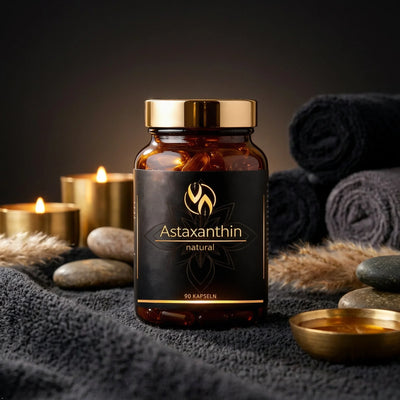 Astaxanthin natural 90 Kapseln in eleganter Flasche mit Kerzen und Steinen