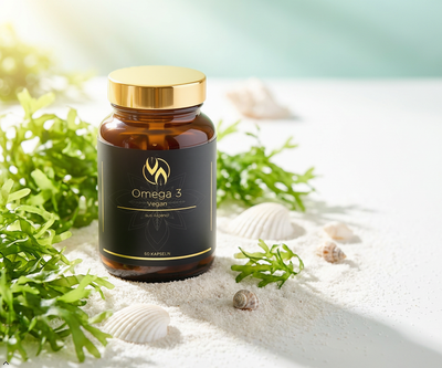 Vegan Omega-3-Kapseln aus Algen auf Sand mit Meerespflanzen und Muscheln
