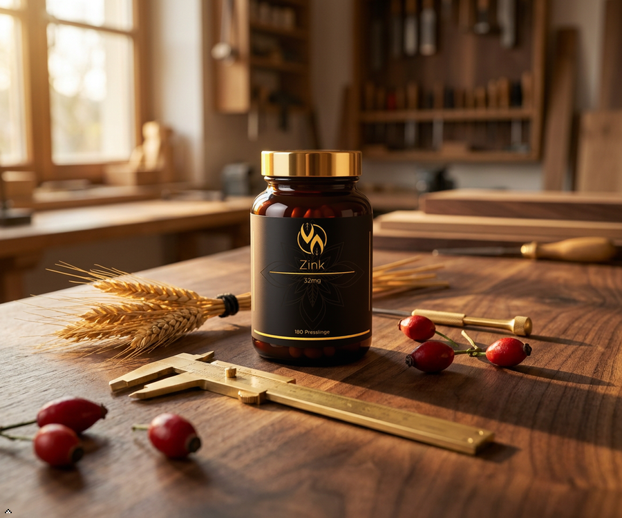 Zink 32mg Presslinge in Glasflasche mit Golddeckel, umgeben von Weizenähren und Hagebutten auf Holztisch