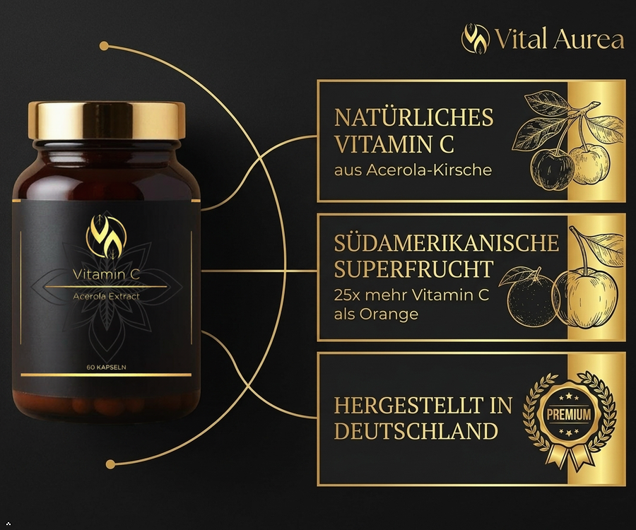 Natürliches Vitamin C aus Acerola-Kirsche, 60 Kapseln, hergestellt in Deutschland, Premiumqualität