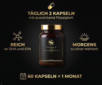 Vegan Omega-3-Kapseln mit DHA und EPA, täglich 2 Kapseln morgens zu einer Mahlzeit, 60 Kapseln für 1 Monat