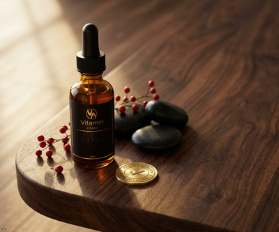 Vitamin D3+K2 Tropfen in Glasflasche mit Pipette, Premium-Qualität, auf Holz mit roten Beeren und Steinen
