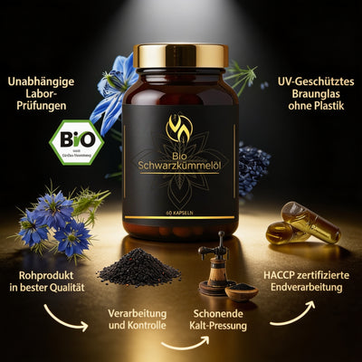 Bio Schwarzkümmelöl Kapseln in braunem Glas, mit Schwarzkümmelsamen und Blüten, HACCP-zertifiziert, kaltgepresst